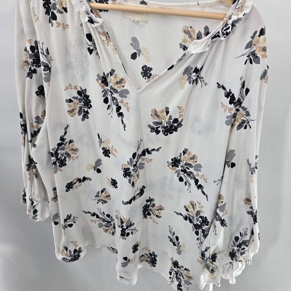 Melloday White Floral V-Neck Long Sleeve Pullover Casual Textured Blouse 2x